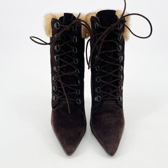 Manolo Blahnik y2k Oklamod Brown Suede Fur Trim Lace Up Heeled Boot Bootie IT 36 - Picture 5 of 13